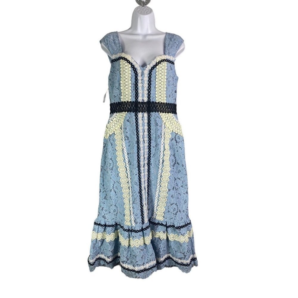 Foxiedox Women's Embroidered Lace‎ Midi Dress A-Line Blue White Size Medium